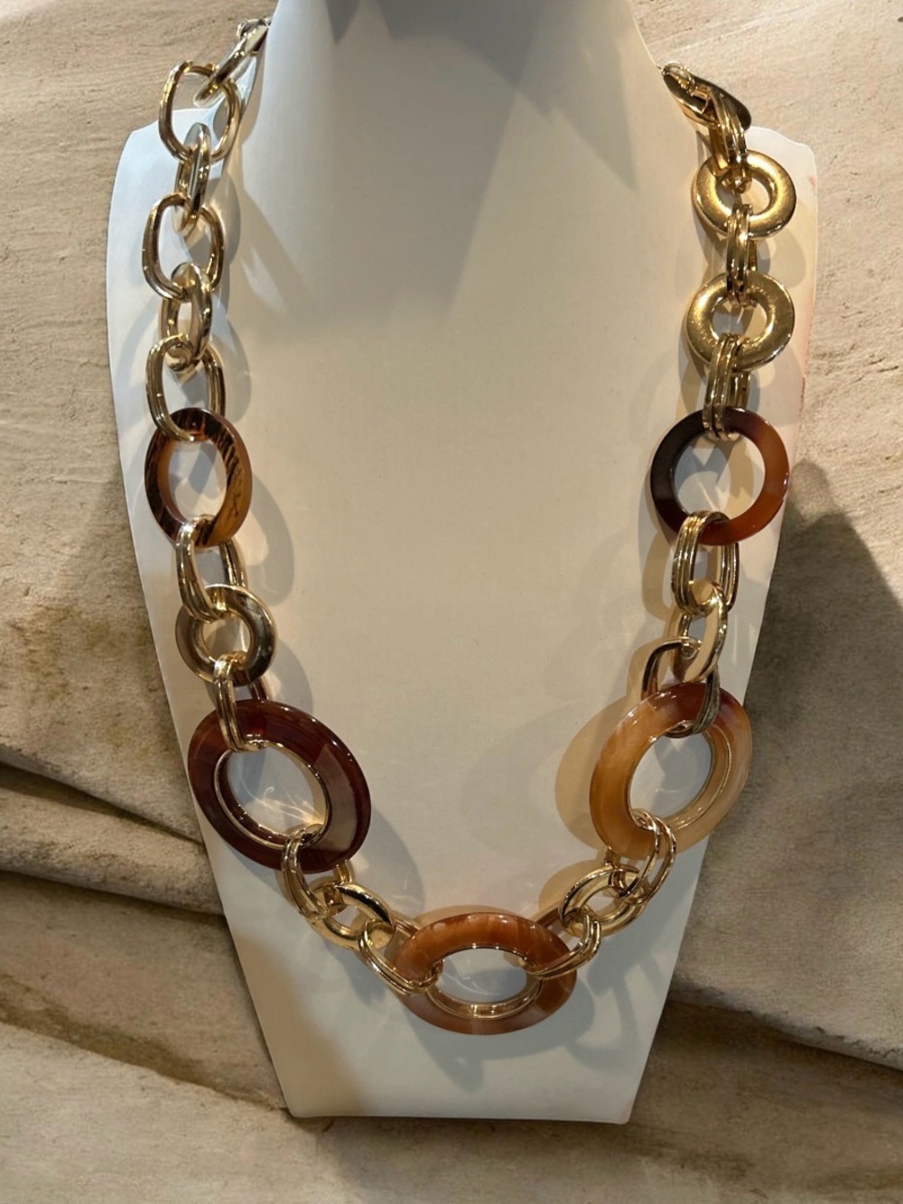 Gold and Brown Resin Link, Thick Goldtone Chain Necklace
